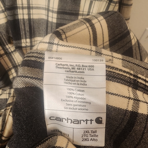 EUC Carhartt Black / Cream Plaid Flannel Button Up Shirt Mens 2XL Tall - Picture 5 of 10
